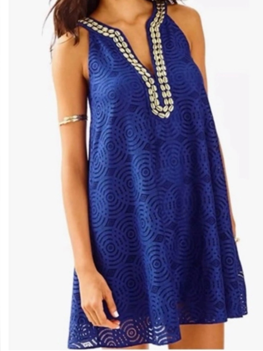 Lilly Pulitzer Achelle Dress Blue Mystical Knotty Lace Bronze Shells V Neck SZ L